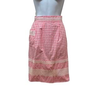 Vintage Half Apron Kitchen Retro Pink White Gingham Check Lace